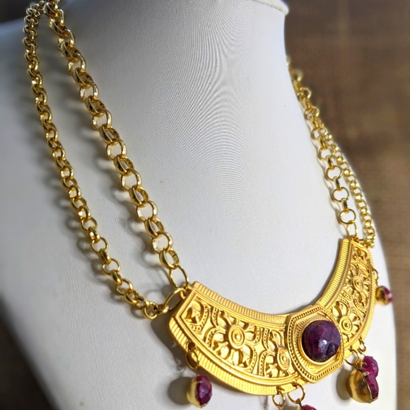 Red Reinassance Genuine Natural Rubies Collar Two Strand Necklace in Gold Plated - Picture 3 of 11